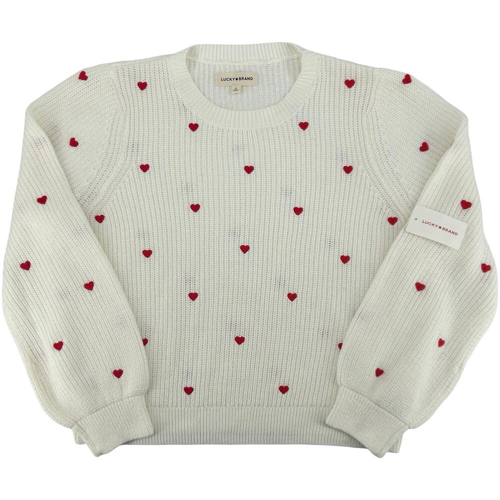 NWT Women's White Red Lucky Brand Valentine's Hearts Knitted Crewneck Sweater~L